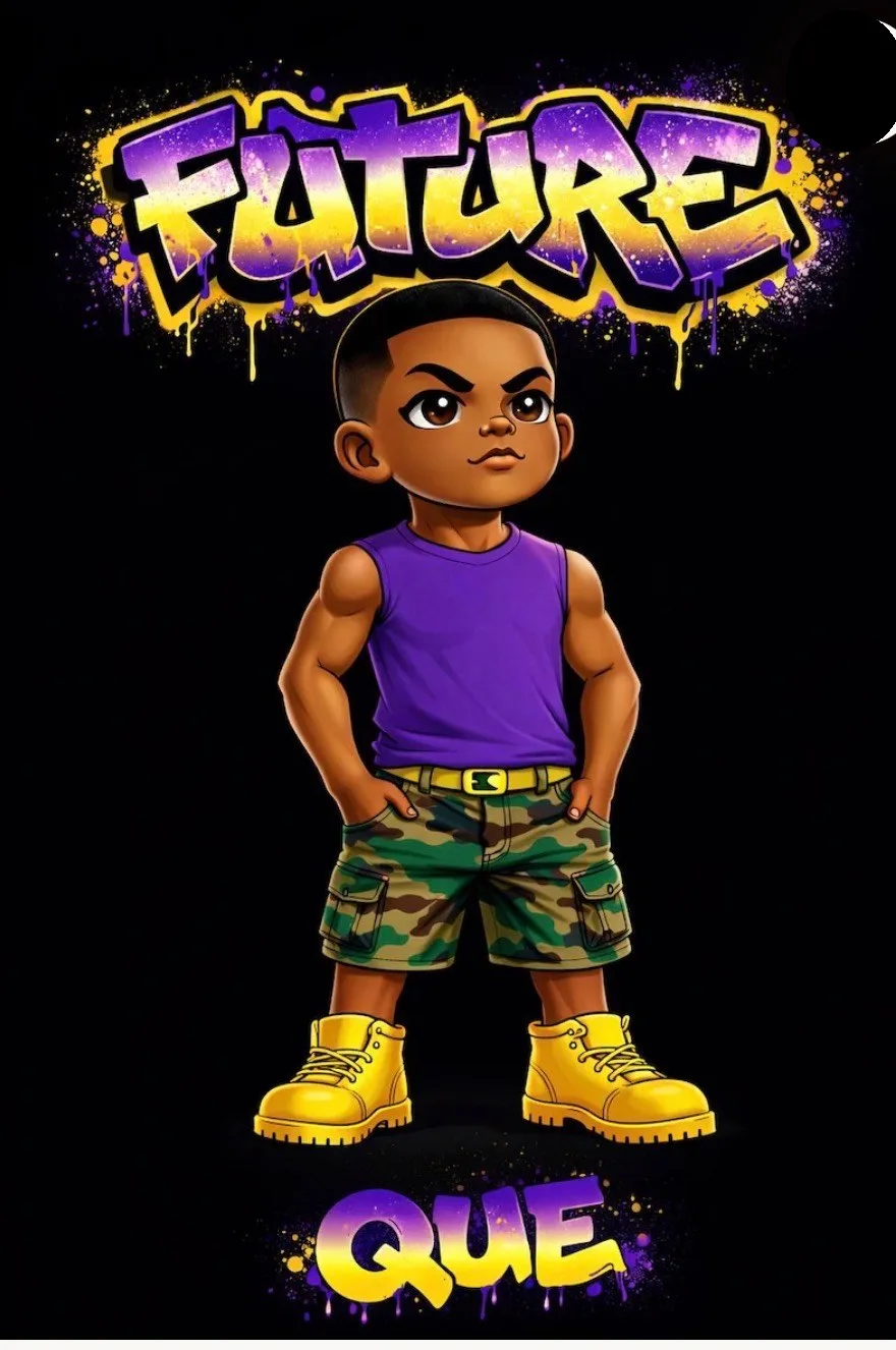 Kids graffiti-style design of a boy in a purple tank and camo shorts