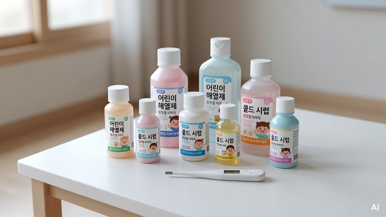 various children's medicine bottles and a thermometer arranged on a white surface