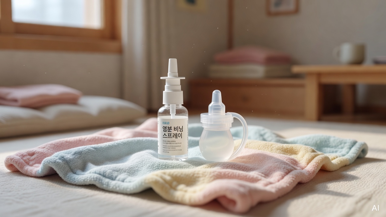 saline nasal spray and baby nasal aspirator placed on a soft pastel-colored baby blanket