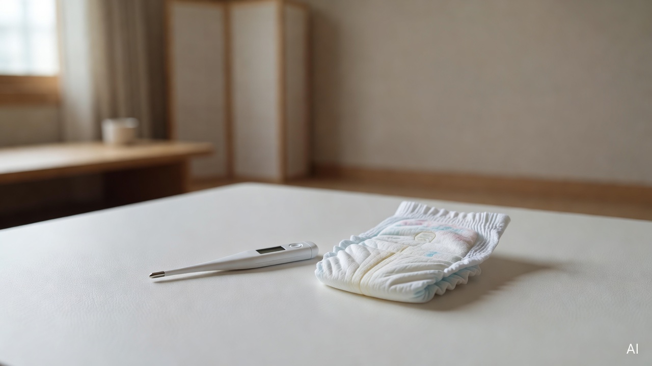 digital rectal thermometer placed next to a small baby diaper on a white surface