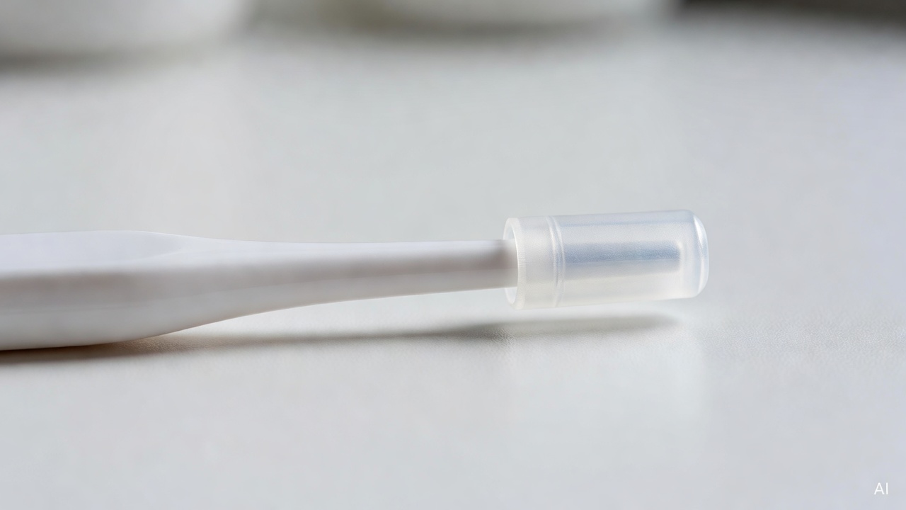 close-up of a digital thermometer tip with a protective cap on a white background
