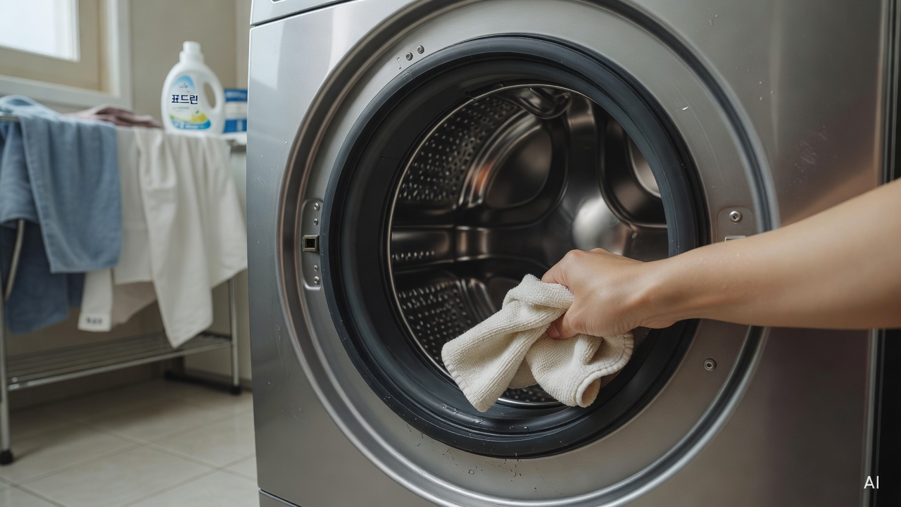 close-up of a washing machine drum interior with rubber door seal being wiped clean, laundry room background