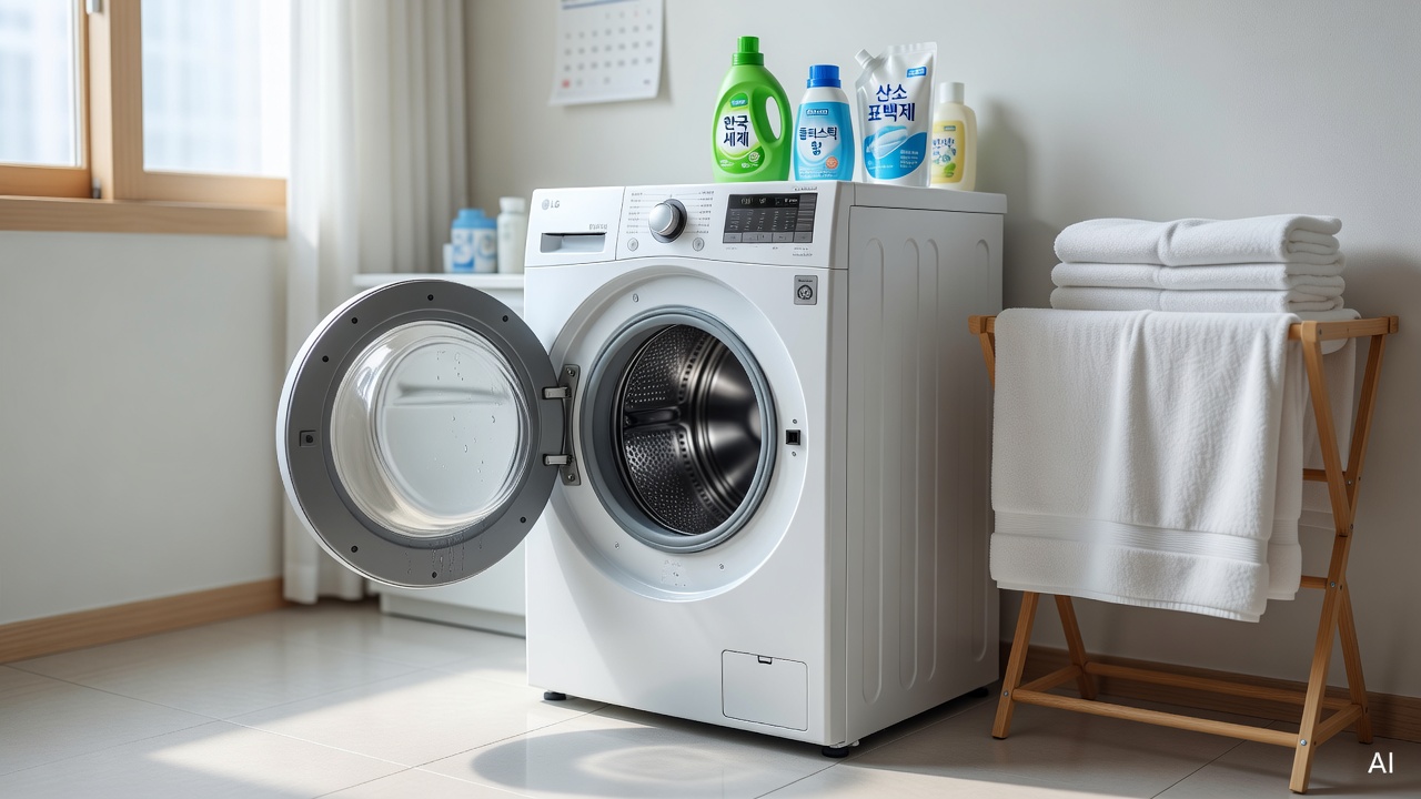 laundry room with washing machine door left open after use, bright and clean interior
