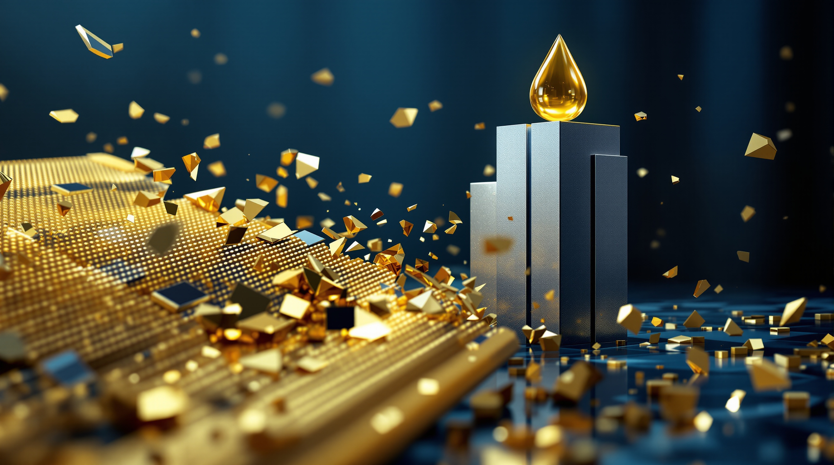 fragmenting gold semiconductor wafer in the left foreground; a rising silver-blue monolithic treasury column in the midground with a reflective gold o — editorial cover artwork for the Knightron story on Tech Selloff Deepens As AI Trade Cracks; Fed Pause Hopes Lif