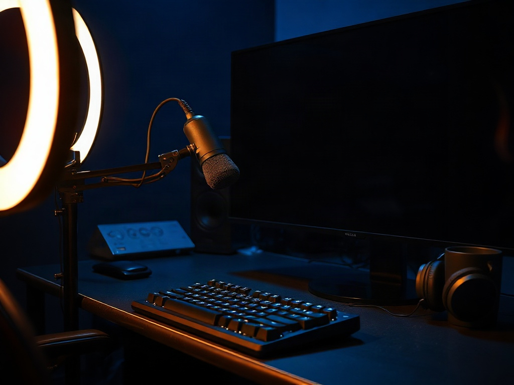 A dimly lit streamer's desk photographed from the side: a ring light edge glowing, an arm-mounted microphone with a pop filter, a mechanical keyboard with unlit keys, a plain mug, a pair of studio headphones resting on the desk, and a second monitor standing dark behind everything. No people, no faces, no text, no logos, no readable writing anywhere in the frame. Cool blue light against warm shadow, shallow depth of field, moody editorial photography.