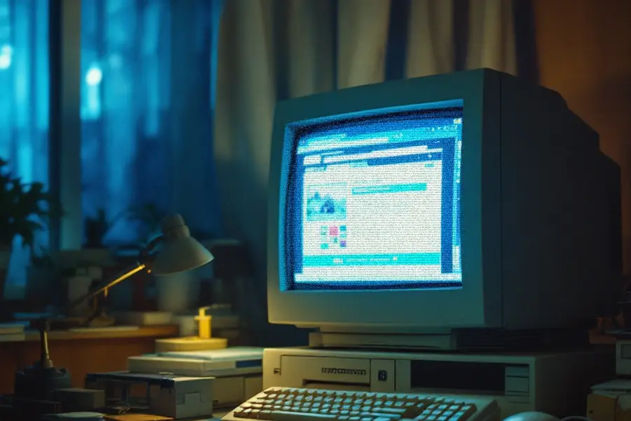 1990년대 말 책상 위 브라운관 모니터에 홈페이지 편집 화면이 켜져 있는 장면
