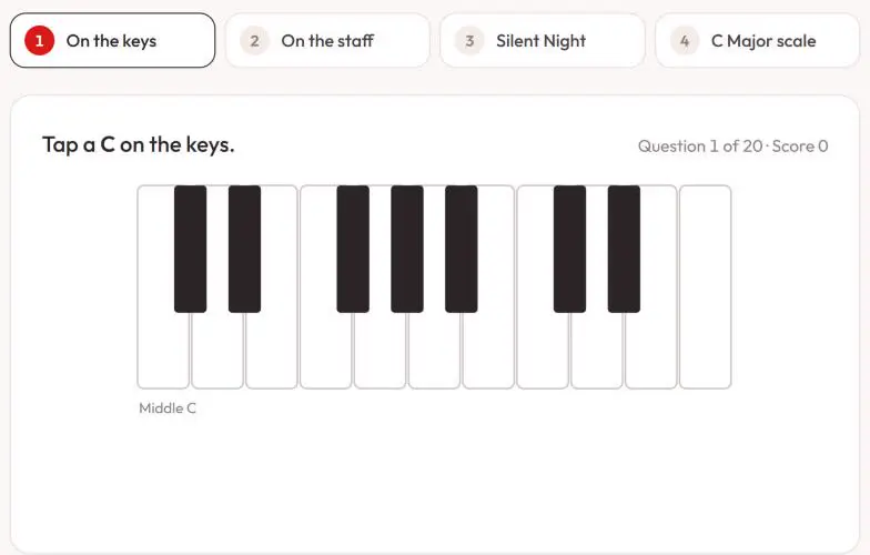 The letter-name game, showing the seven music letters on piano keys
