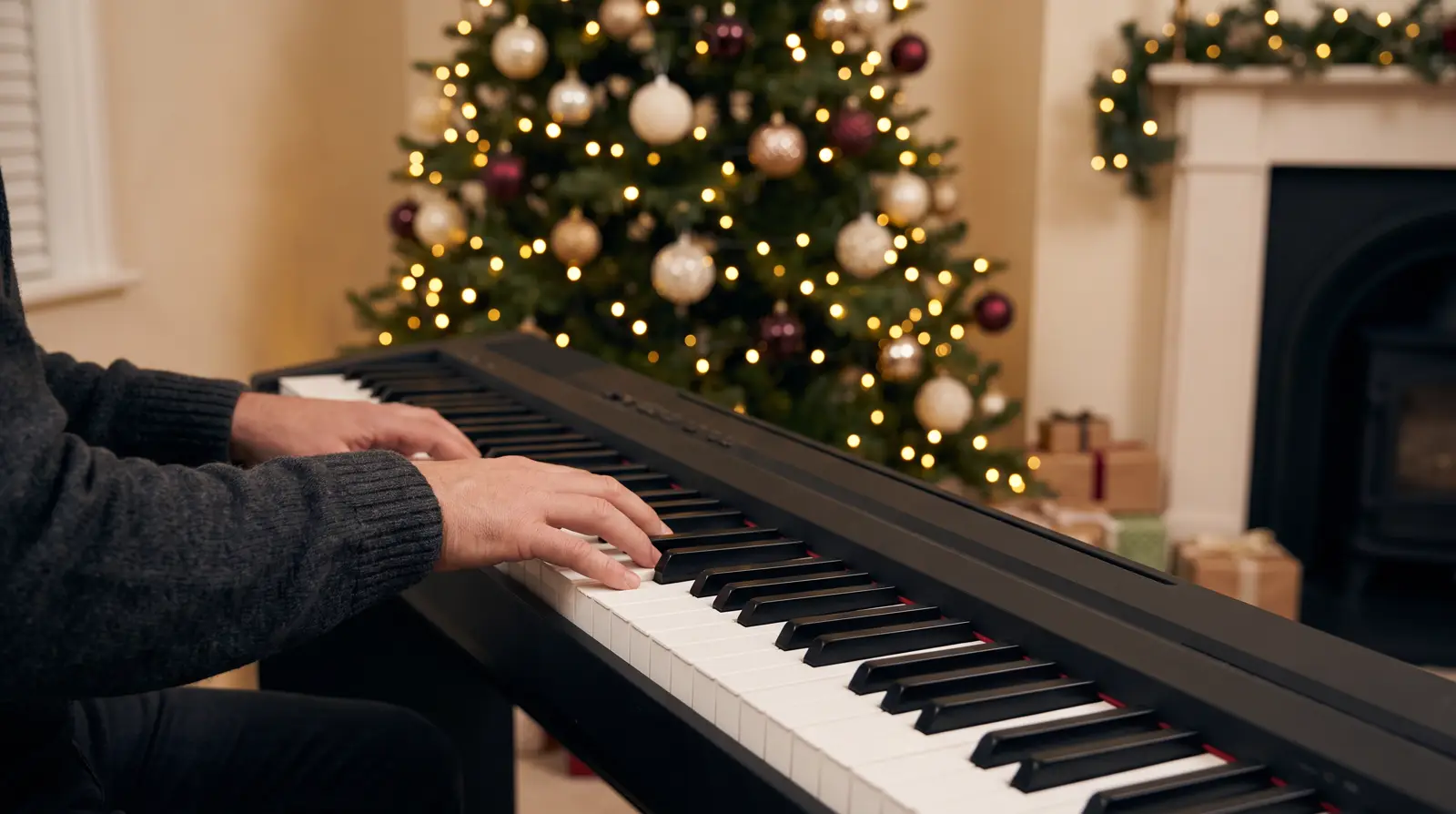 An adult's hands playing a digital piano on a cosy Christmas evening, with a lit Christmas tree behind