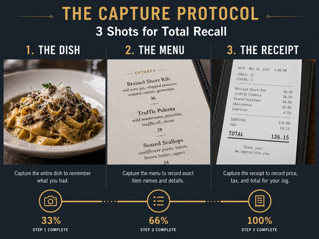 A three-step photography workflow for foodies showing photos of a gourmet dish, a restaurant menu, and a receipt for digital logging.