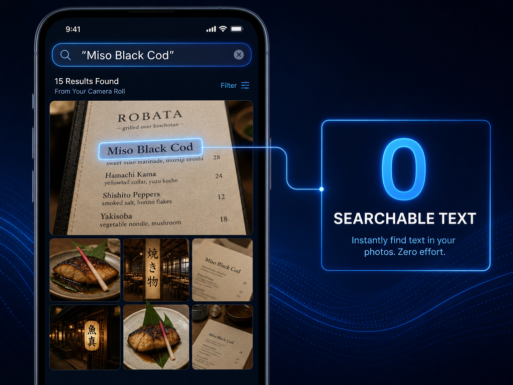 A smartphone interface showing a search for 'Miso Black Cod' with the text automatically highlighted within a photo of a restaurant menu.