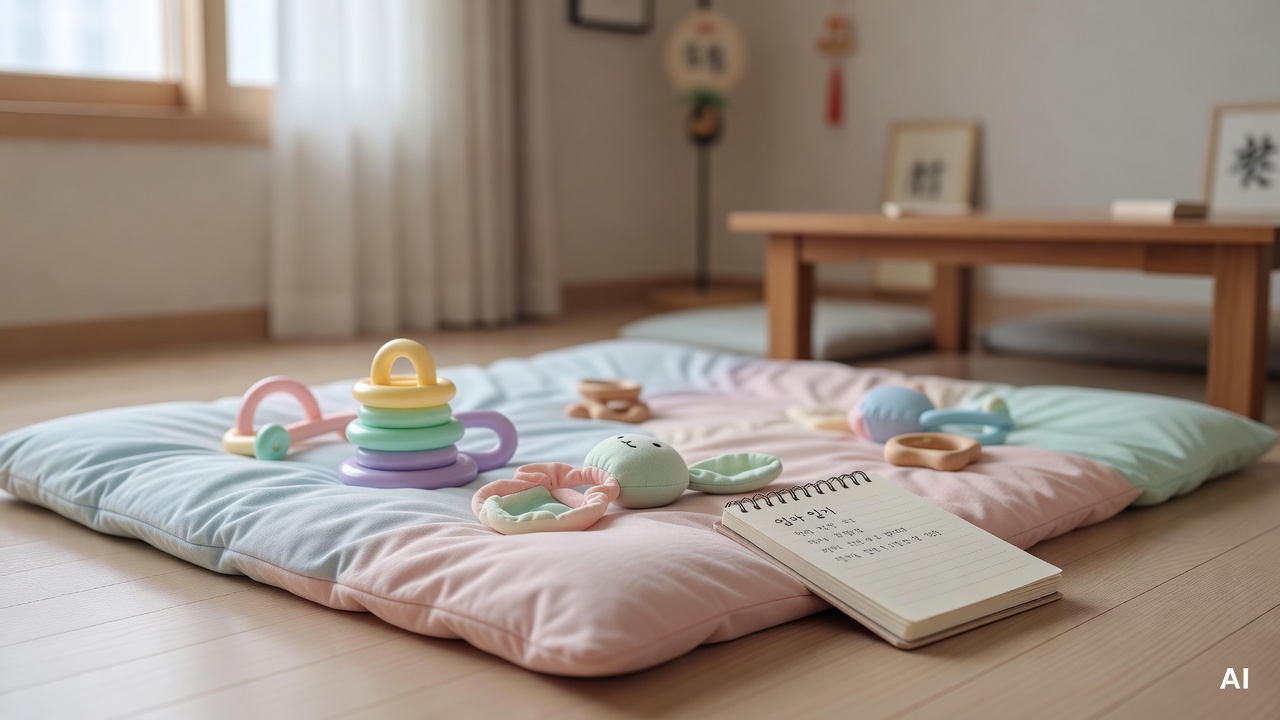 baby toys and a small notebook on a soft pastel-colored mat