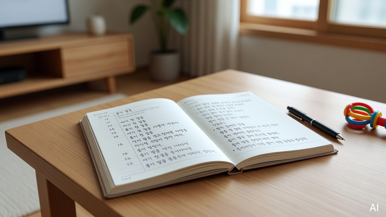 open baby development journal on a wooden desk with a pen and small toy beside it
