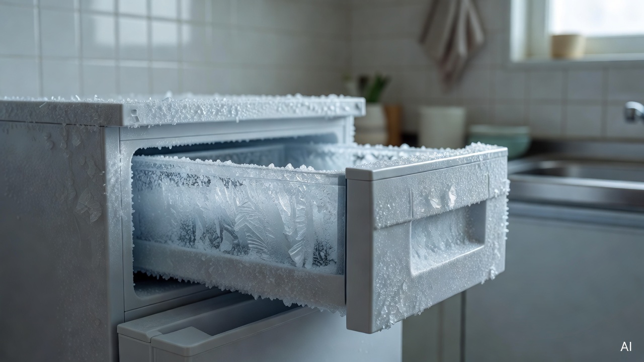 frost-covered refrigerator freezer drawer open, ice built up on walls, kitchen background