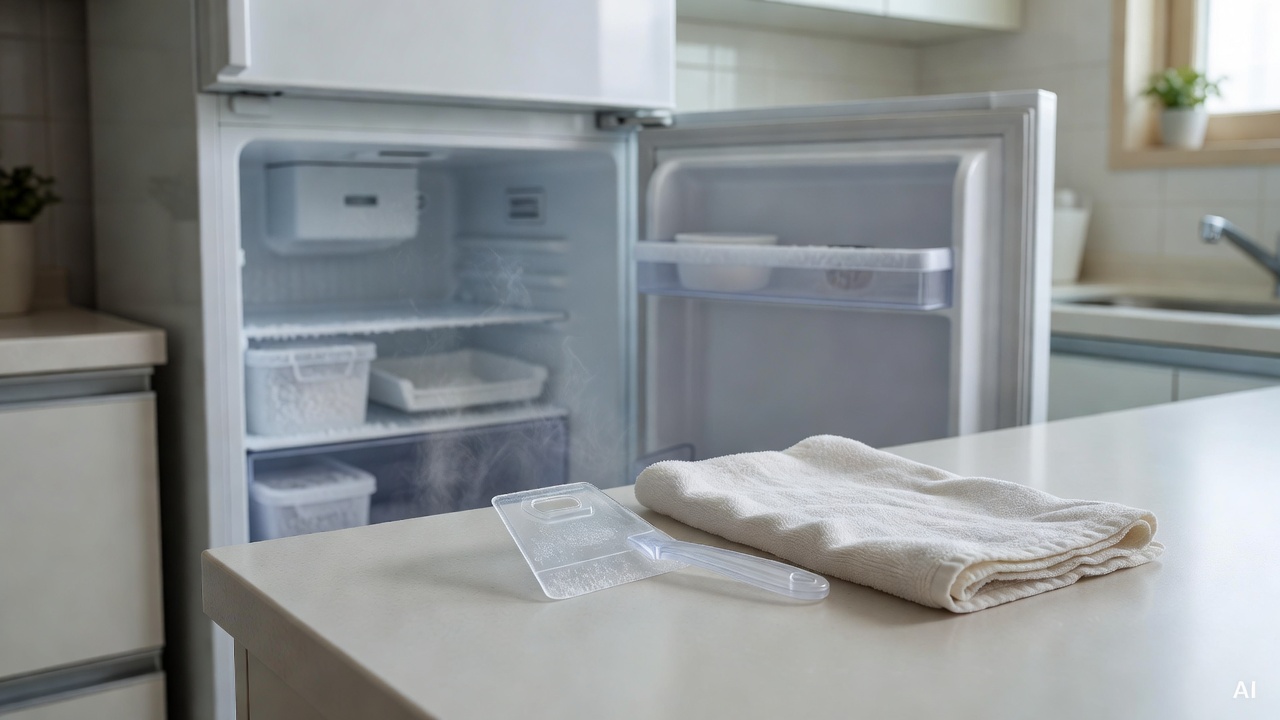 plastic scraper tool and folded towel placed in front of open freezer compartment