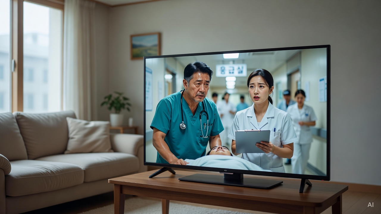 TV screen showing a medical drama scene, living room sofa in background