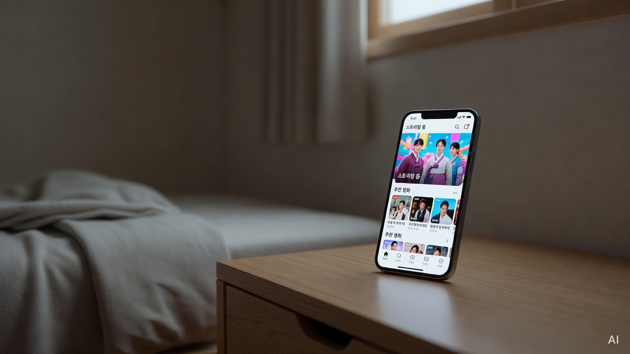 smartphone on a nightstand showing a streaming app, dim bedroom background
