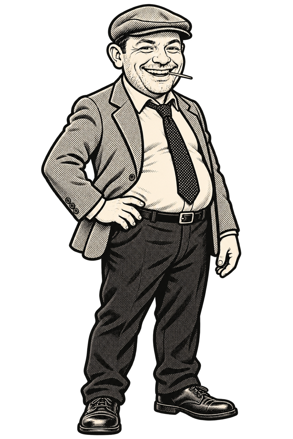 Frankie Parker in his cap and suit, smiling with one hand on his hip