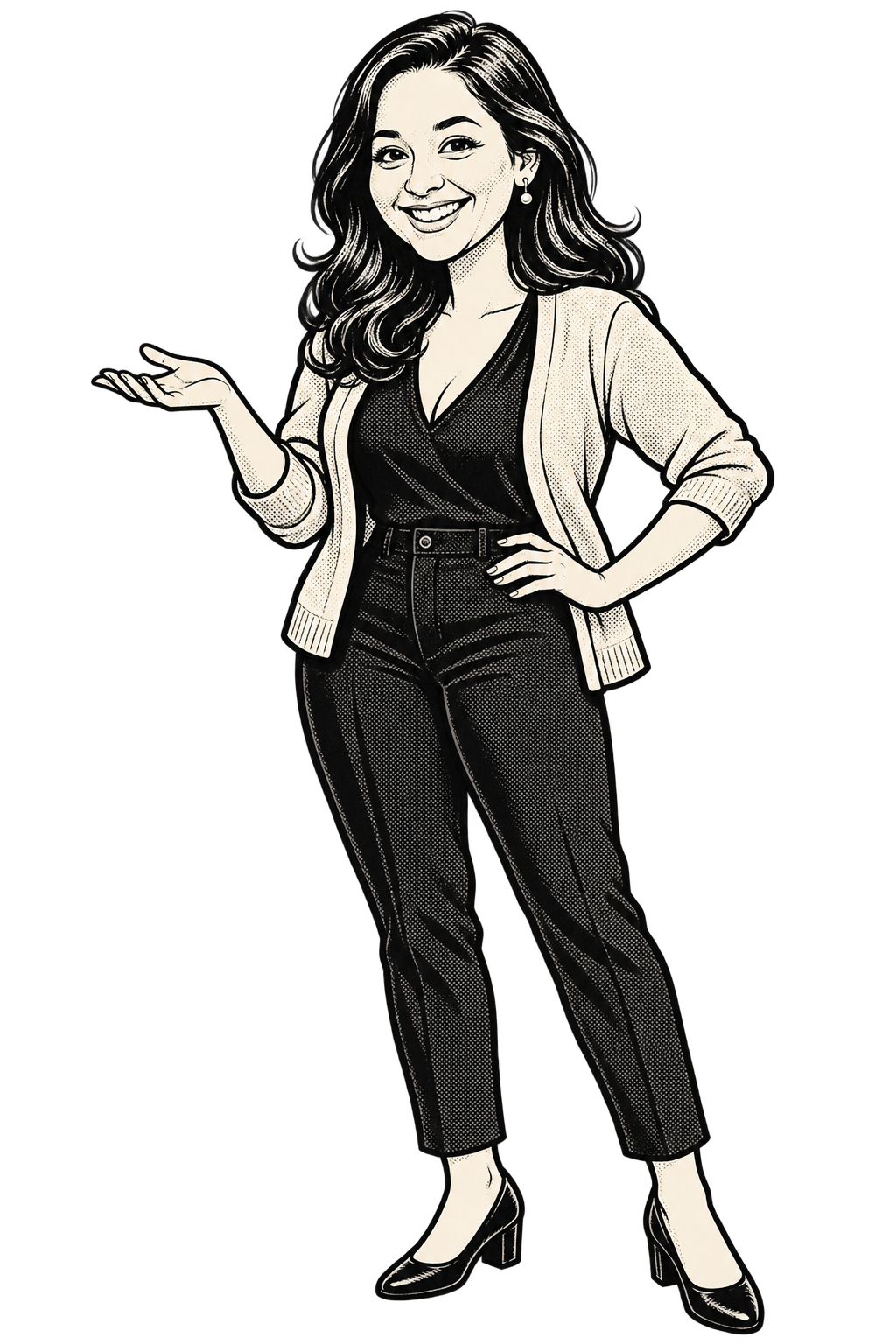 Donna Parker smiling with one hand on her hip and the other raised
