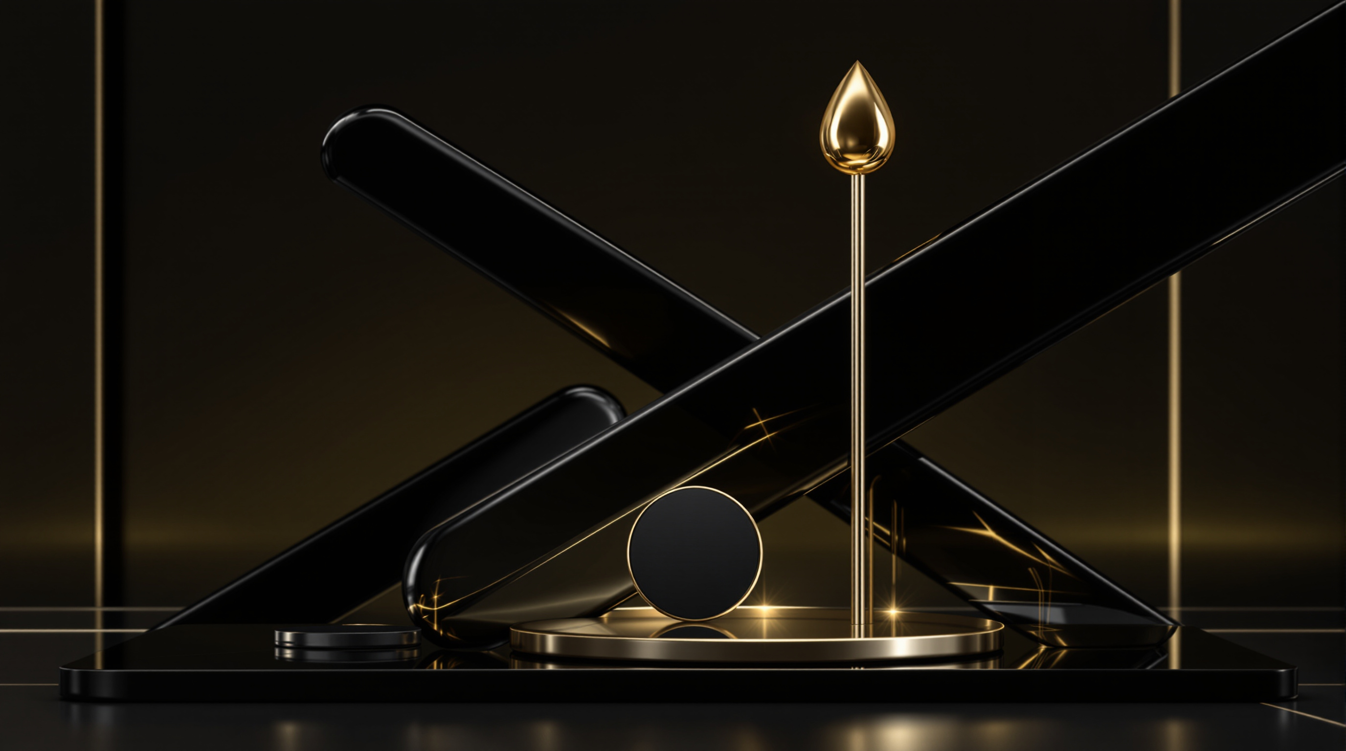 sculptural arrangement of polished black glass market bars (descending), a raised polished gold oil droplet mounted on a slim silver rod, and a matte- — editorial cover artwork for the Knightron story on Tech Selloff Drags Nasdaq Down 2.5% As Earnings Season Opens