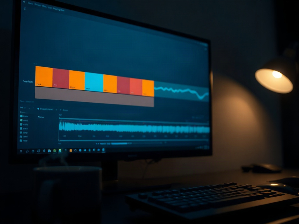 A video editing timeline on a monitor in a dark room, photographed from an angle: colored clips, an audio waveform, and a playhead parked near the end of the sequence. A pair of headphones rests on the desk, a keyboard sits just out of focus, and a cooling mug of coffee is visible at the frame edge. No people, no faces, no text, no logos, no readable writing anywhere in the frame. Cool monitor glow against warm desk-lamp light, shallow depth of field, moody editorial photography.