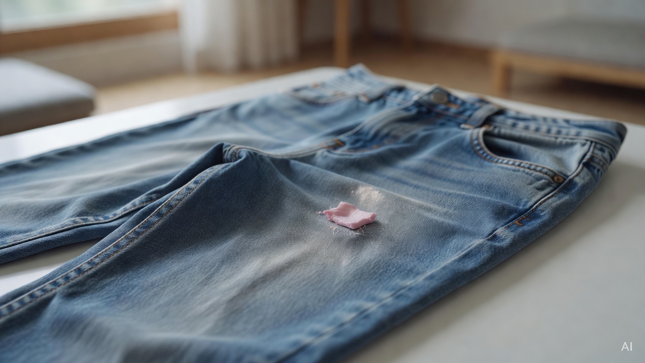jeans fabric with chewing gum stuck on surface, laid flat on a white table
