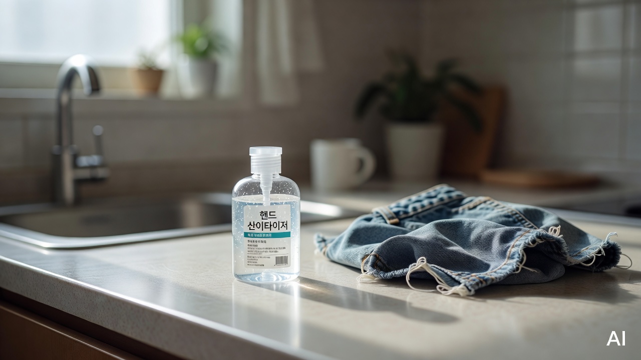 small bottle of hand sanitizer and a piece of denim fabric on a kitchen counter