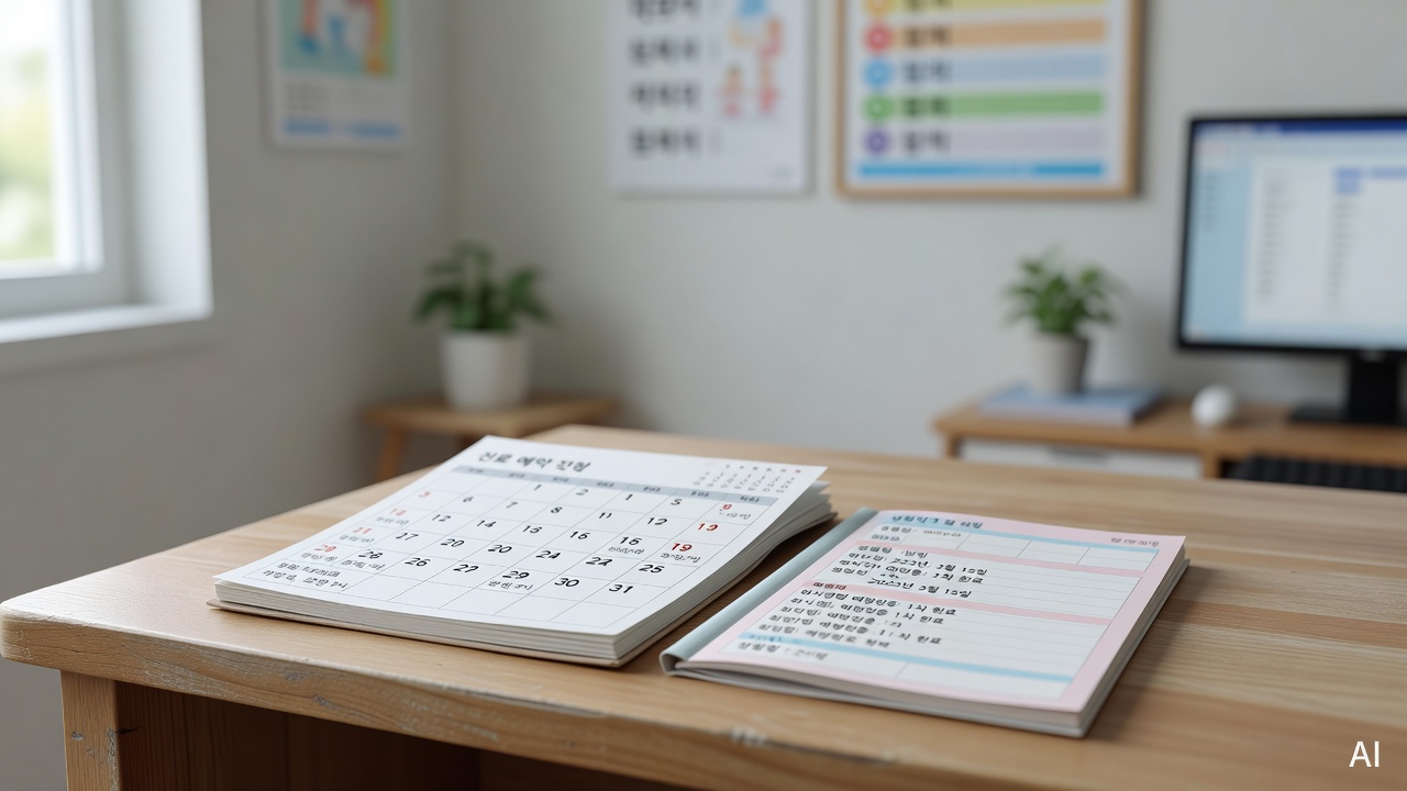medical appointment calendar and baby health records placed on a clinic desk