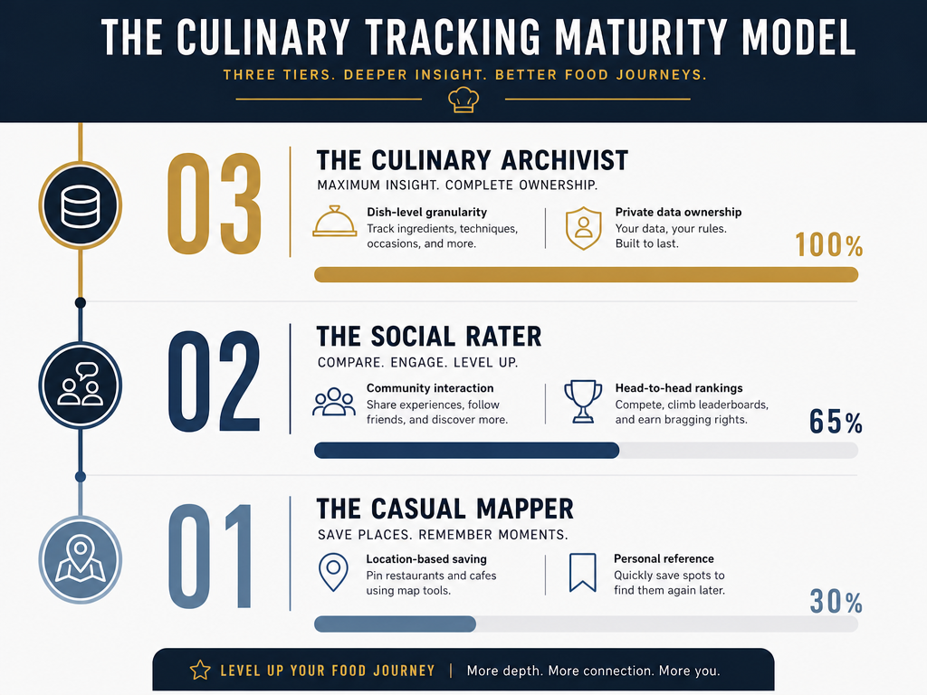 Infographic showing the three tiers of food tracking: Casual Mapper, Social Rater, and Culinary Archivist with progress bars for each level.
