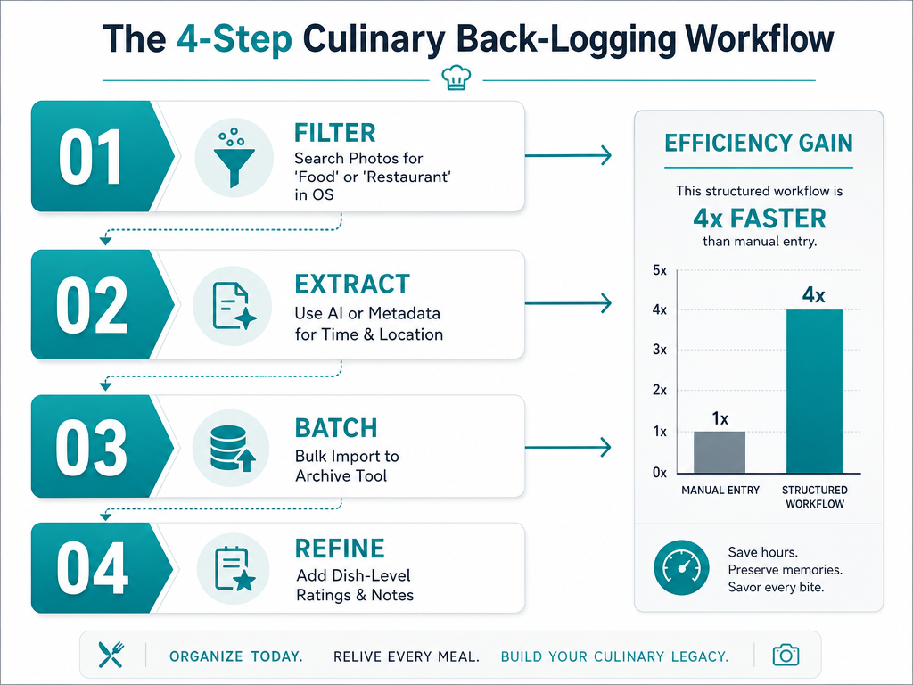 A 4-step workflow diagram for back-logging food photos using search filters, metadata extraction, batch importing, and dish-level refining.
