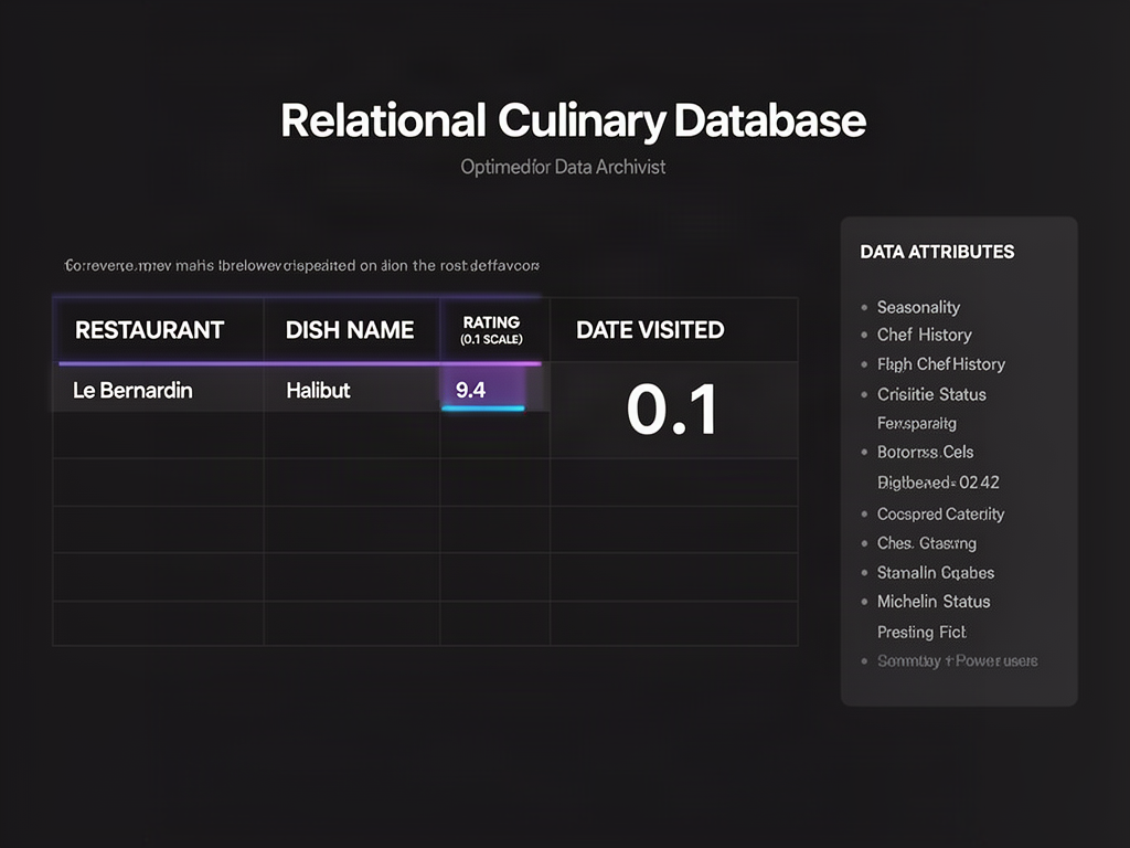 Technical layout of a relational food database showing columns for restaurant, dish, precise ratings, and date for professional archiving.