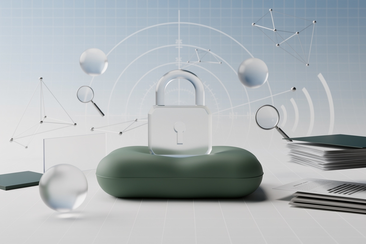 A translucent glass lock shape rests on a soft cushion with a few small floating orbs nearby.
