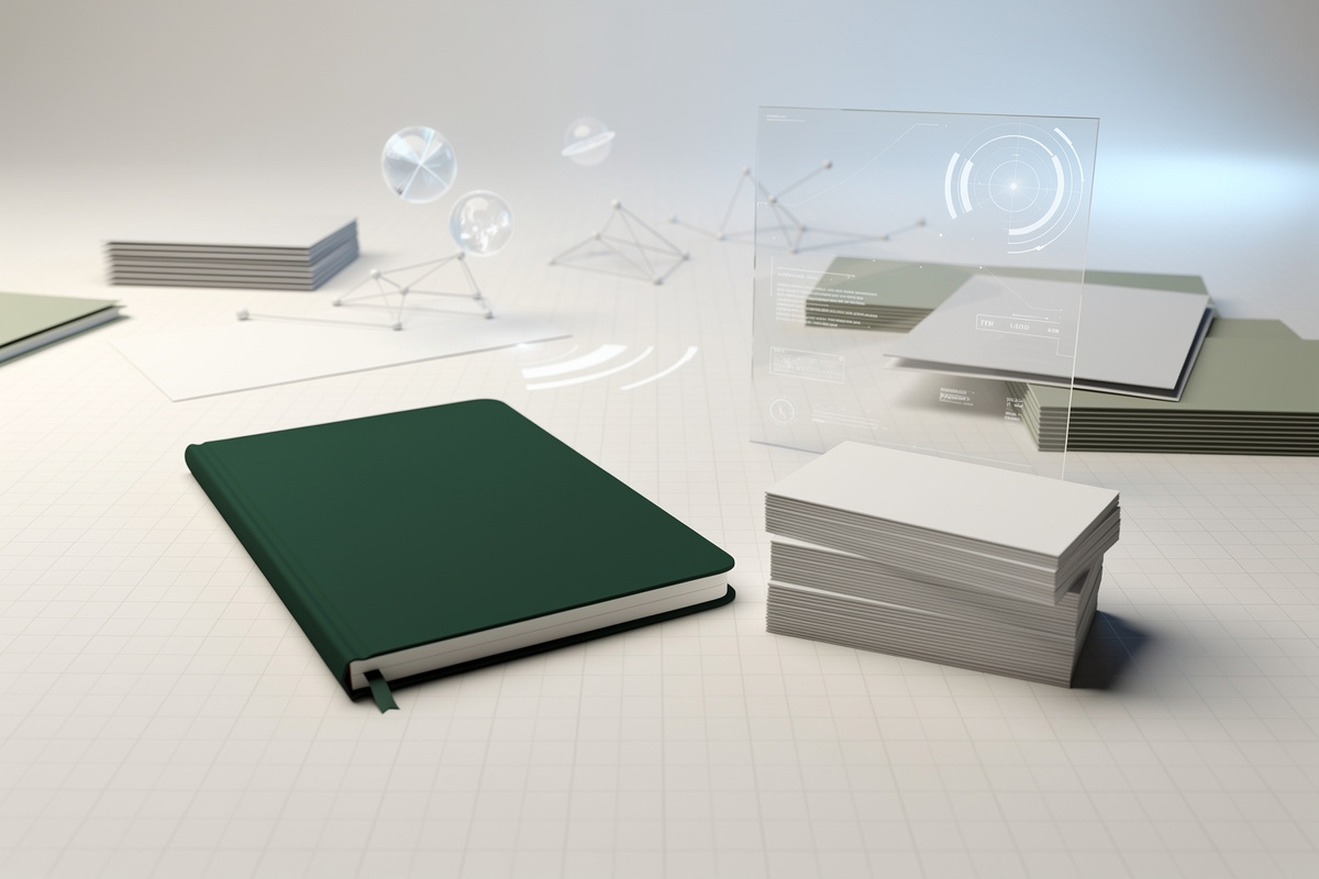 An open notebook rests beside a small fan of blank index cards on a grid-paper surface.