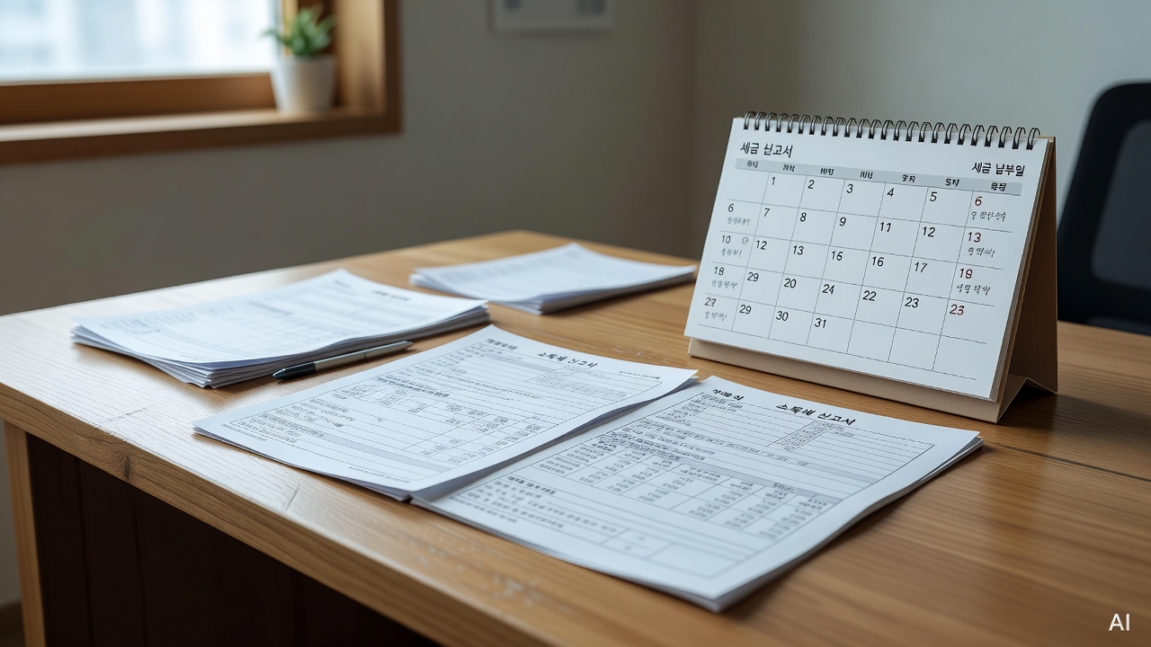 tax filing documents and a calendar on a wooden desk