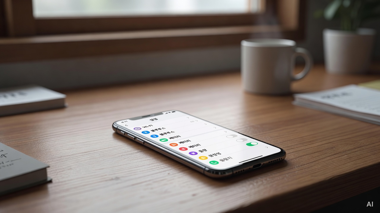 smartphone screen showing settings menu on a wooden desk