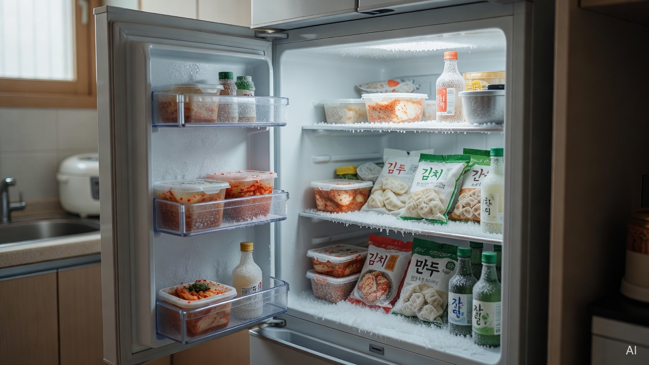 frost-covered freezer shelves inside an open refrigerator in a kitchen
