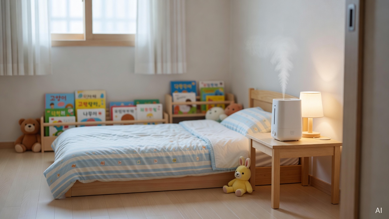 small child's bedroom with humidifier running on a bedside table, soft lighting