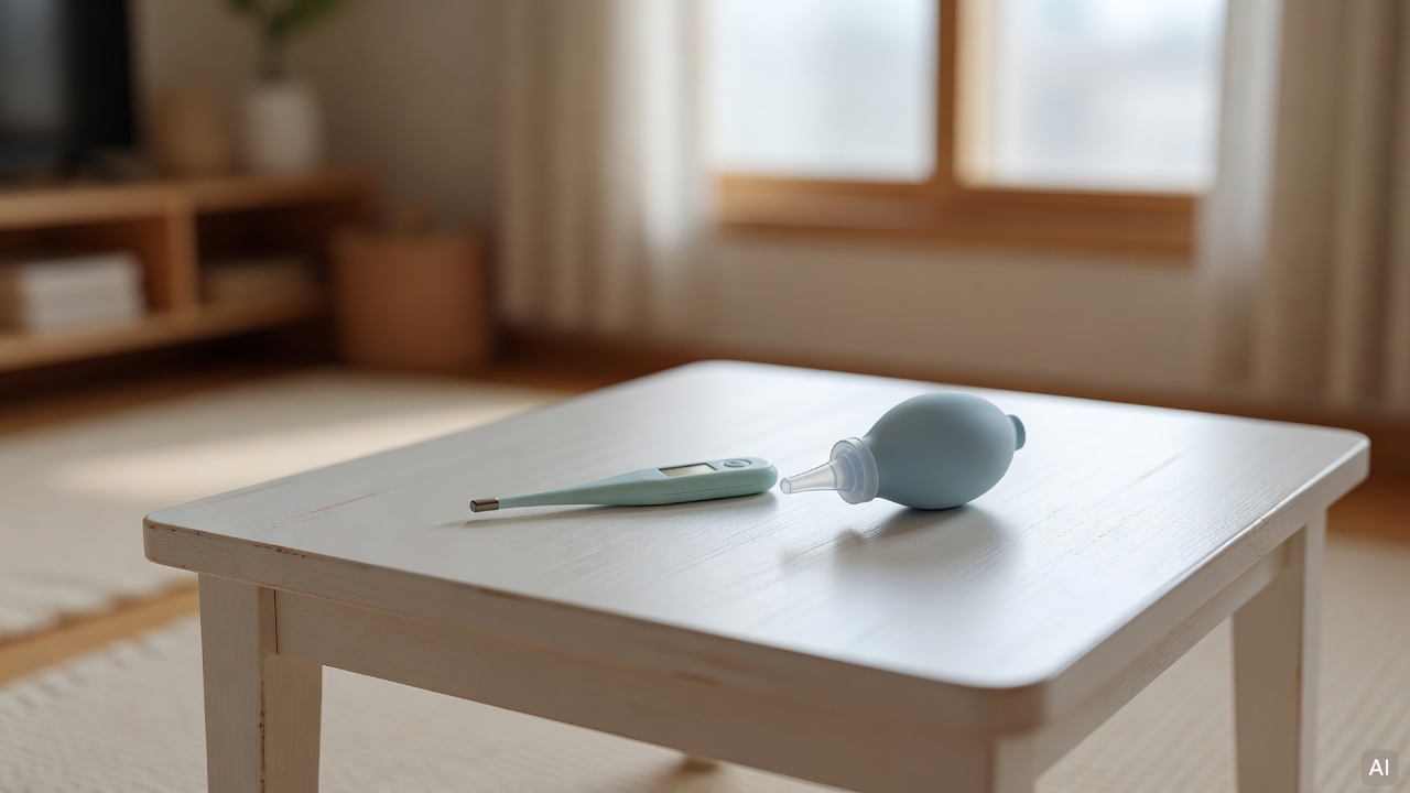 children's thermometer and nasal aspirator placed on a white wooden table