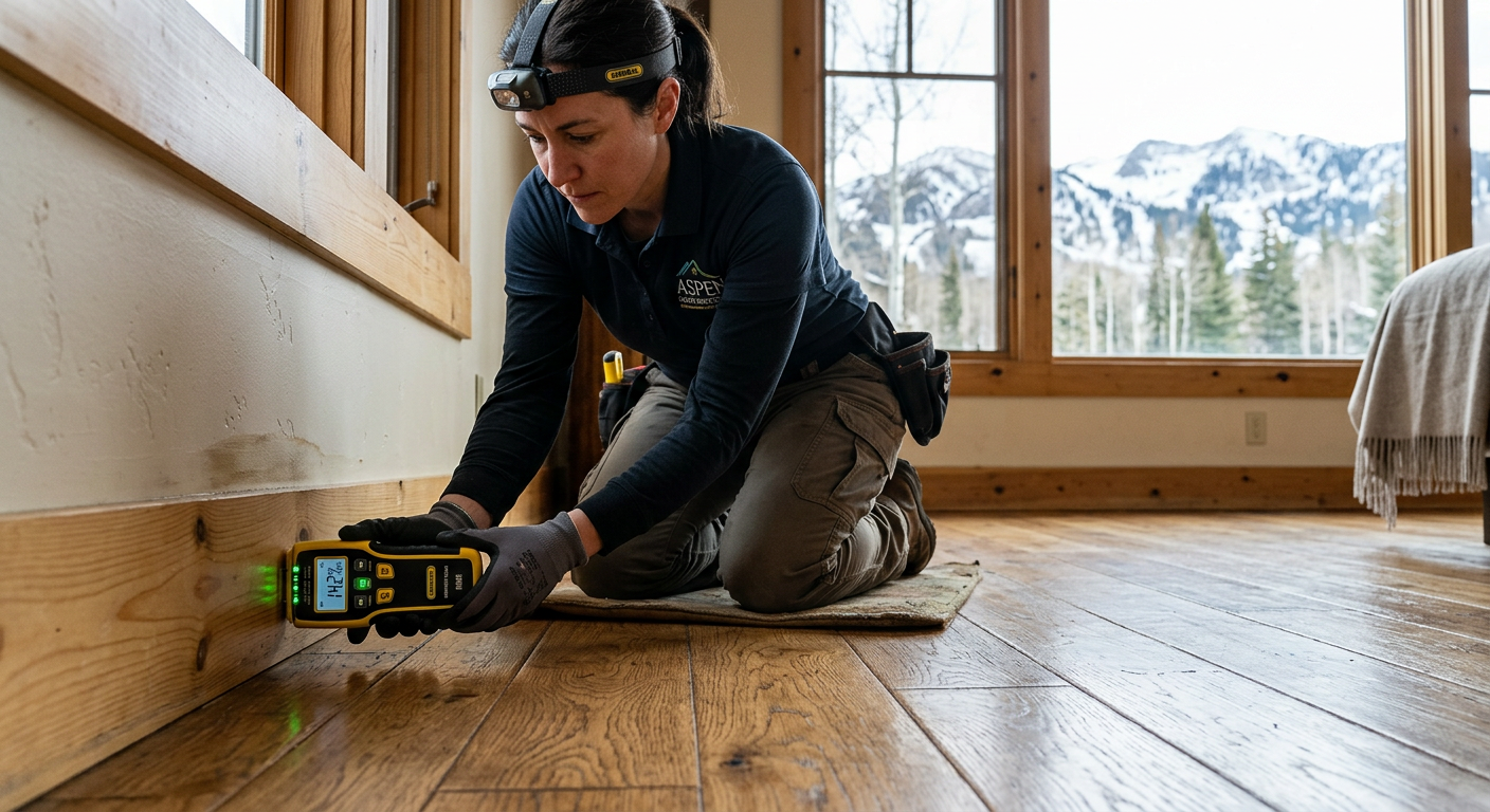 Photorealistic technician using a pinless moisture meter on a baseboard in an Aspen home, mountain scenery softly visible ...