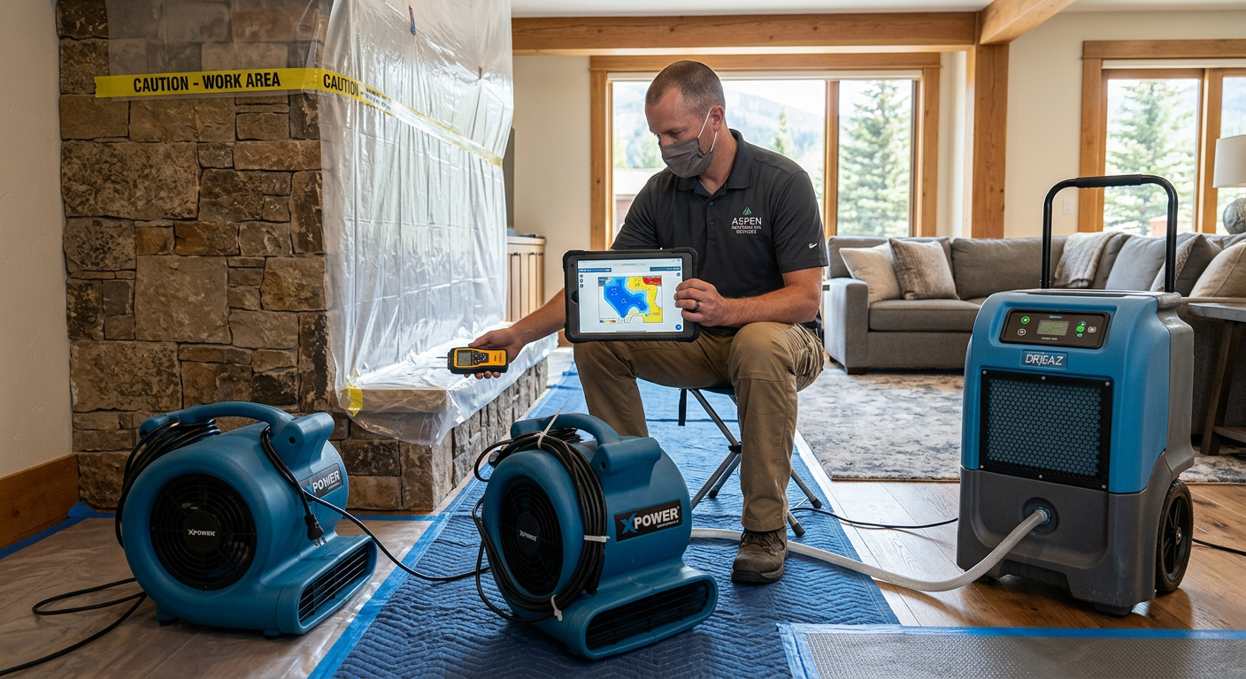 Photorealistic close-up of commercial air movers and a dehumidifier operating in a carefully protected Aspen living room, ...
