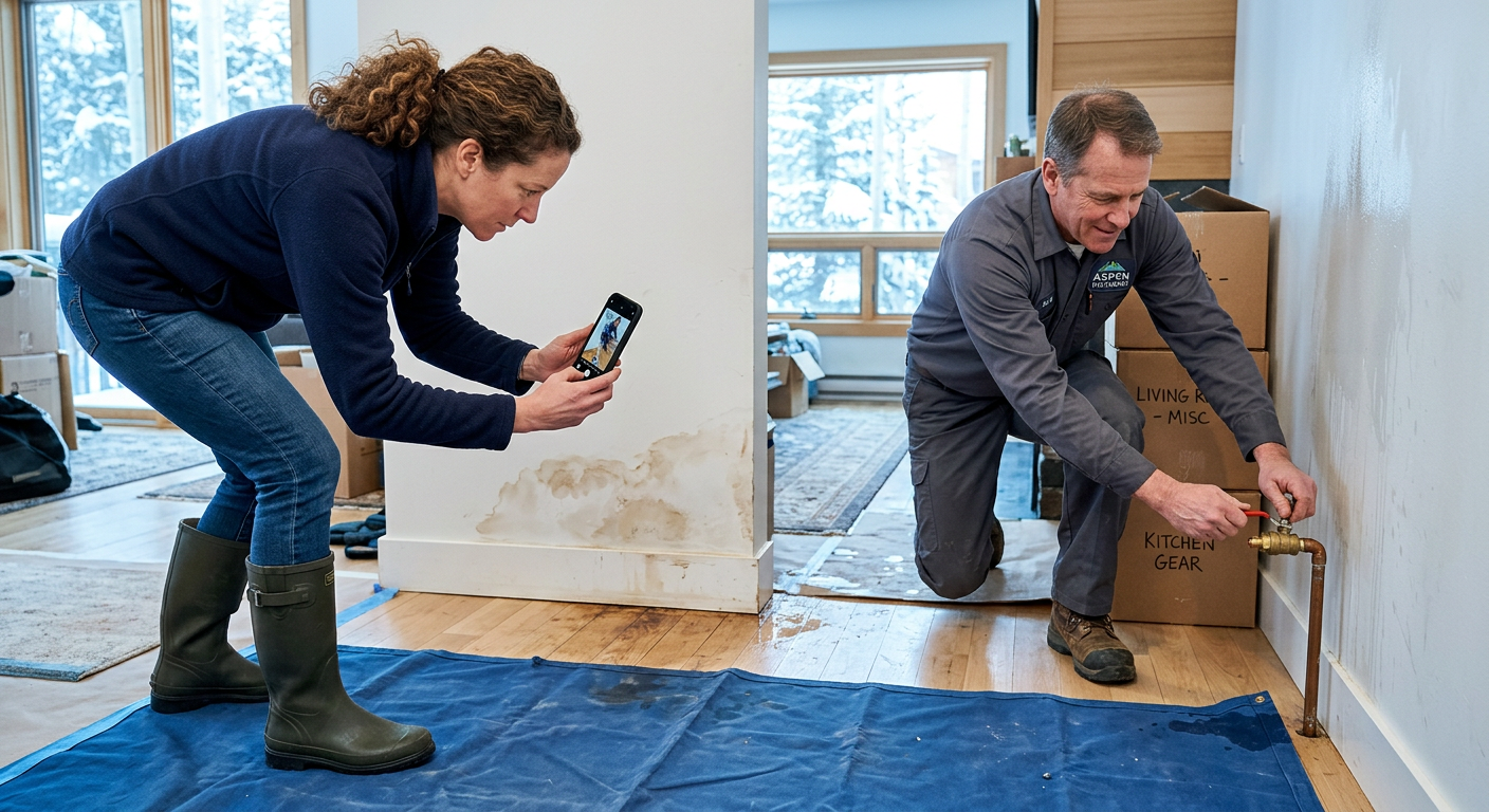 Burst Pipe Cleanup Aspen: Protect Your Property From Damage! | Water Damage Cleanup & Restoration Company in Aspen | Helpers Photorealistic close-up of a homeowner in waterproof boots photographing water damage in a bright Aspen living room while ...