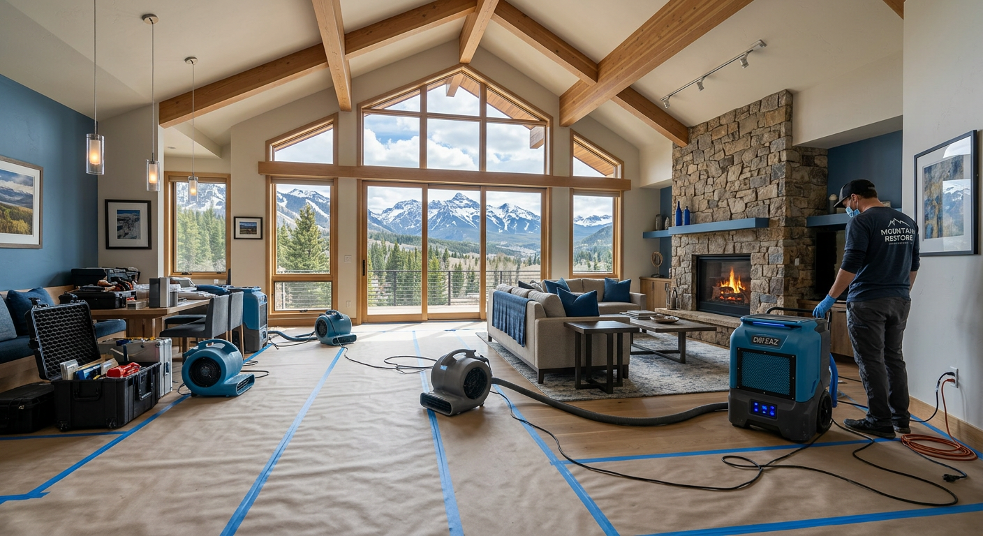 Photorealistic wide interior scene of a carefully contained flood restoration project in a modern Colorado mountain proper...