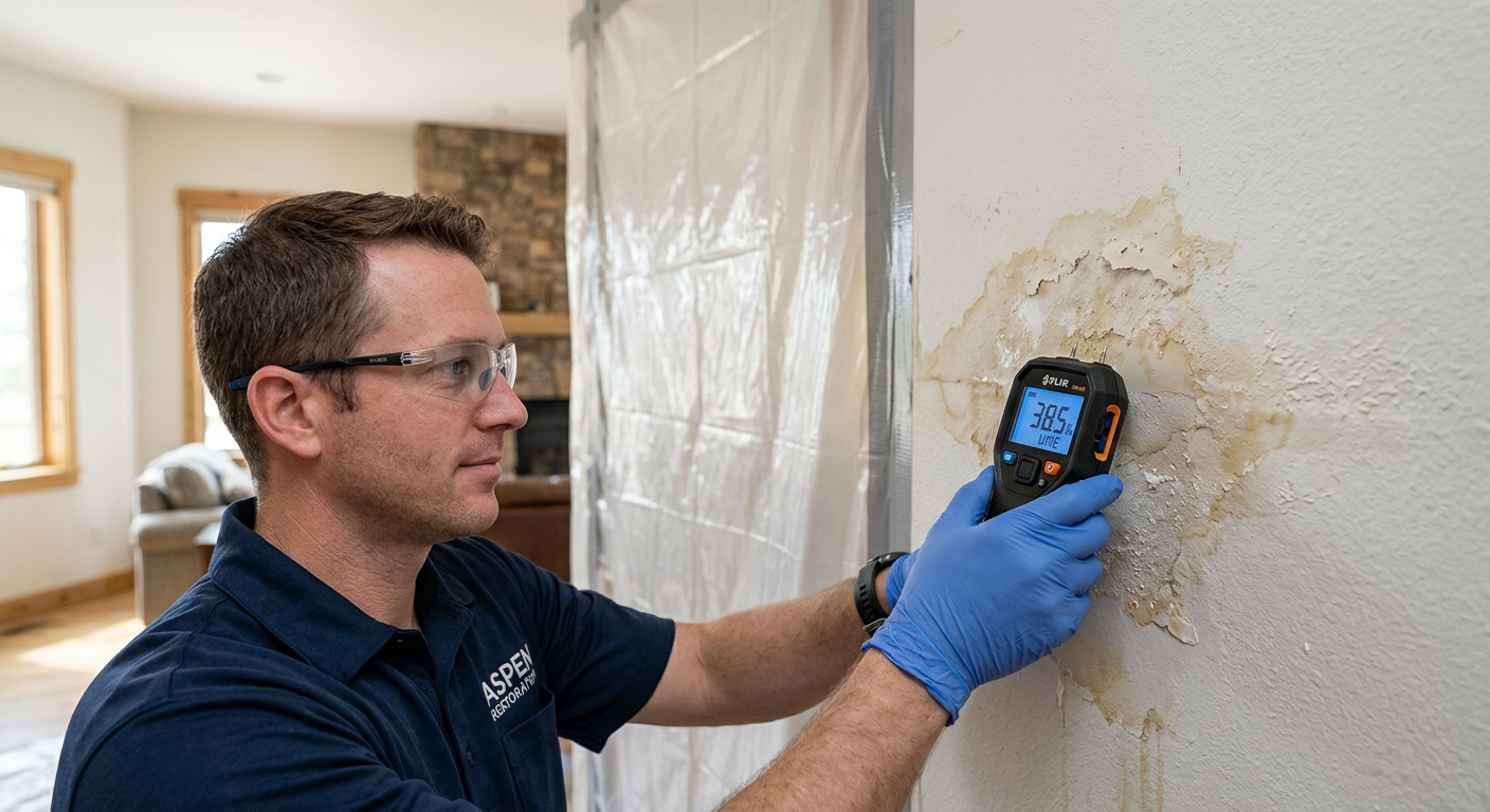 Photorealistic close-up of a restoration professional using a moisture meter on a water-stained drywall wall in an Aspen h...