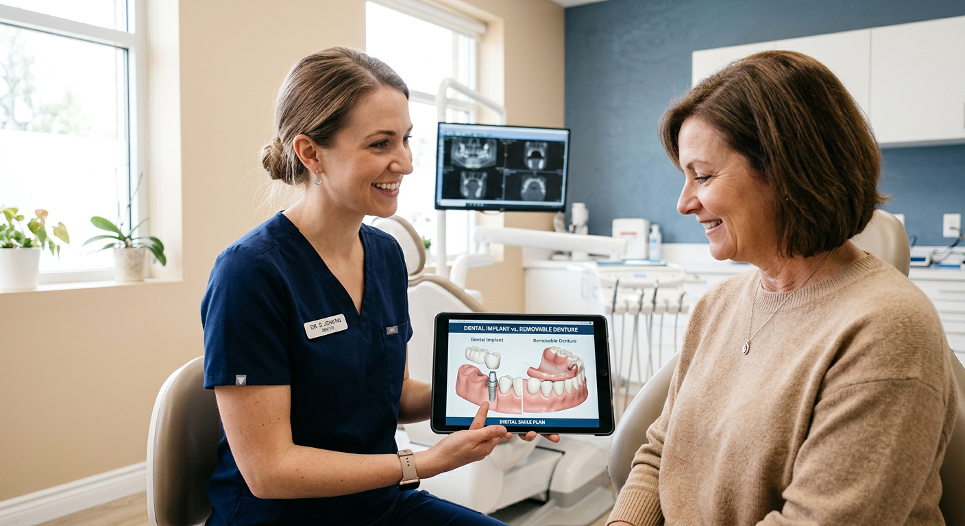 Photorealistic close-up of a female dentist using a digital smile model to explain a dental implant and removable denture ...