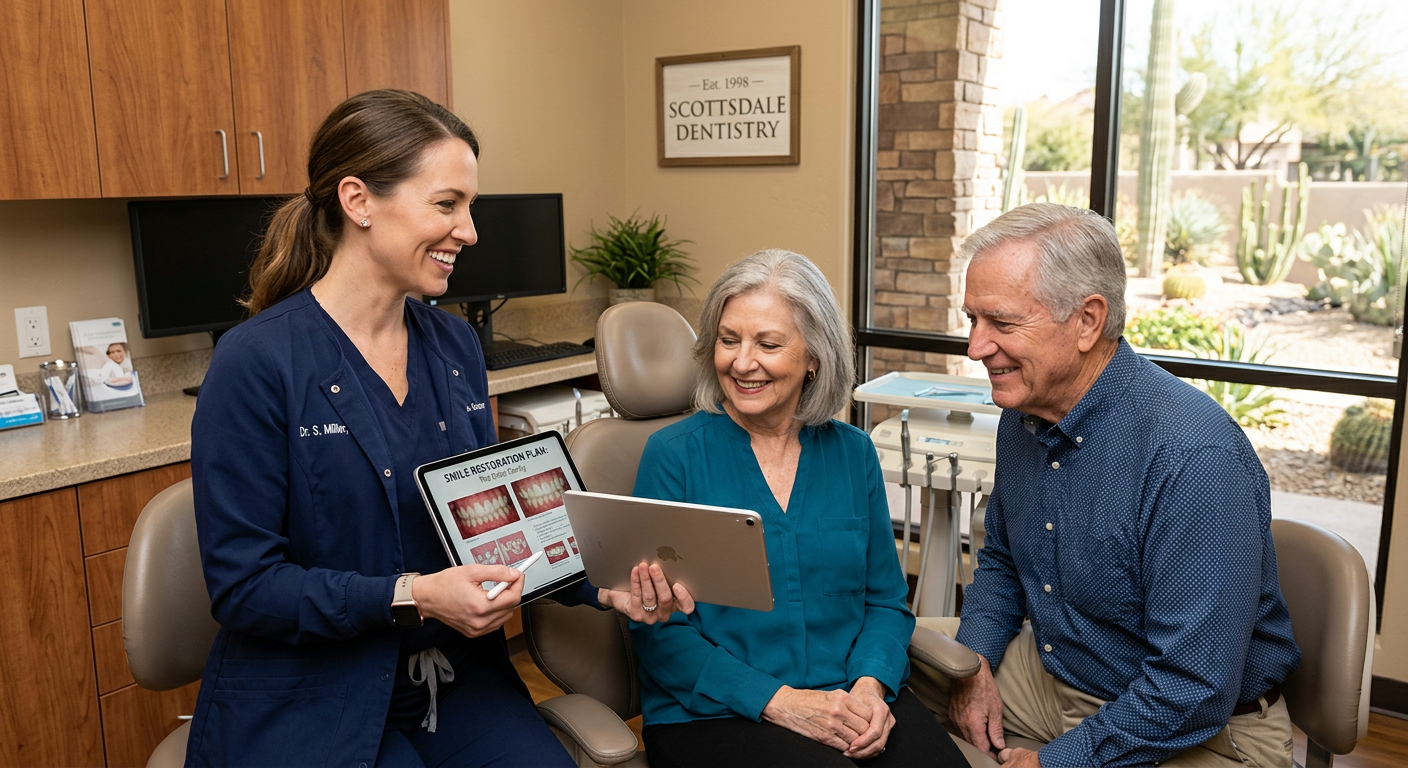Photorealistic female dentist smiling beside an older American couple in a calm Scottsdale treatment room, reviewing a per...