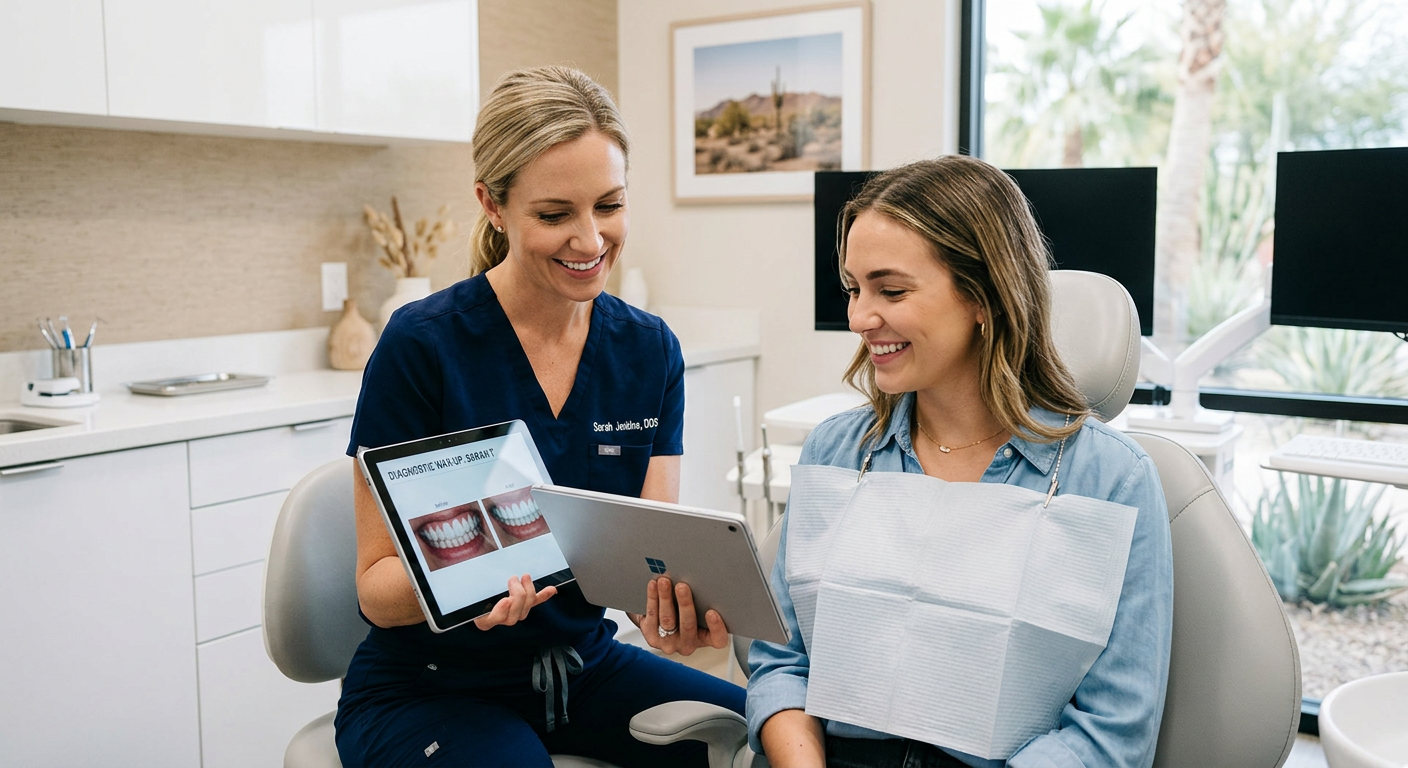 Affordable Cosmetic Dentistry Scottsdale: Find Lasting Value | Scottsdale Dentist | Cosmetic & Family Dentist 85250 Photorealistic close-up of a female dentist in a modern Scottsdale treatment room showing an American patient a digital sm...