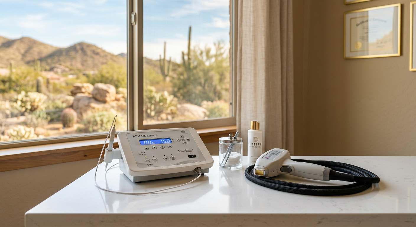 Best Permanent Hair Removal in Phoenix: What Works Long Term | Electrolysis Permanent Hair Removal in Phoenix | Senza Pelo Med Spa Photorealistic close-up of a modern, spotless treatment room showing an electrology device and a laser handpiece resting s...