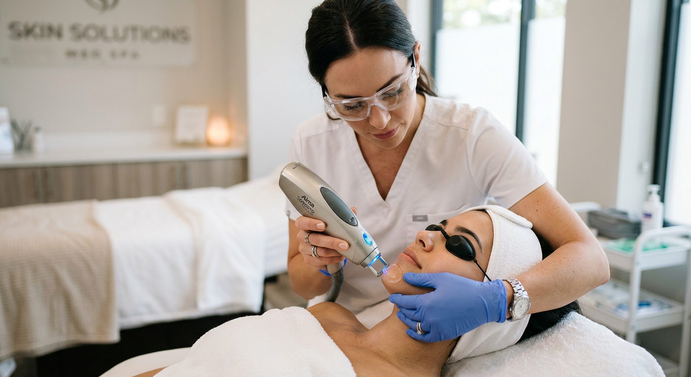Photorealistic close-up of a clinician using a modern hair-removal device near a client’s chin, with protective eyewear an...