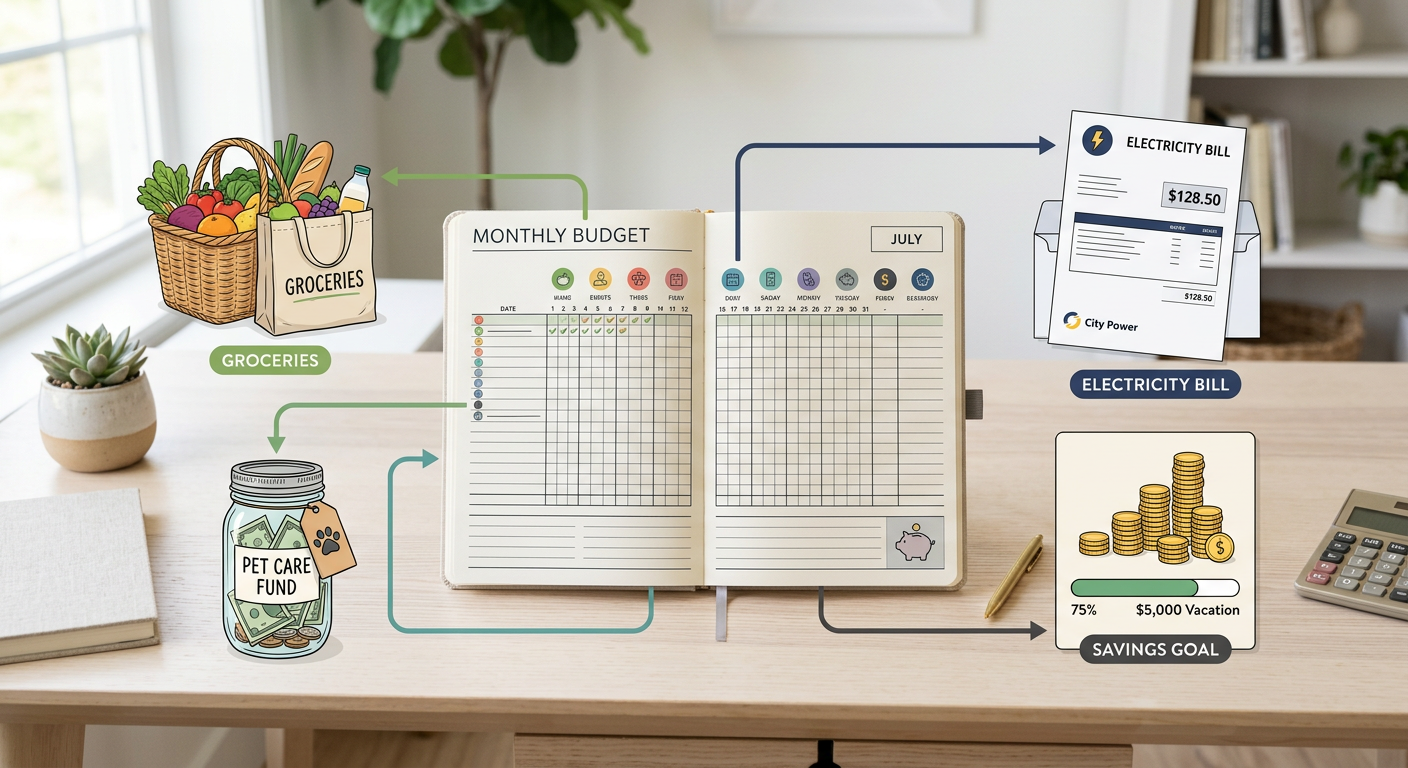 Clean modern illustration of a monthly budget system in action, showing a calendar, grocery basket, pet care fund jar, uti...