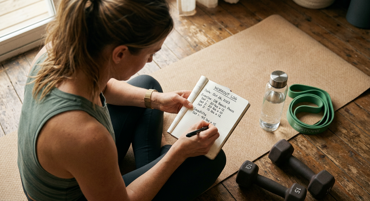 Photorealistic close-up of a woman recording dumbbell weights and repetitions in a small workout journal after training, w...