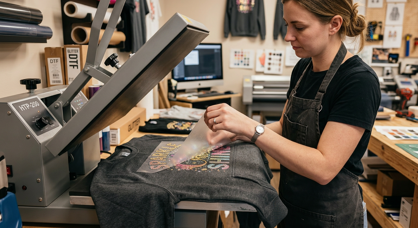 Photorealistic side-angle view of a heat press opening over a glitter DTF design on a charcoal sweatshirt, with a creator ...